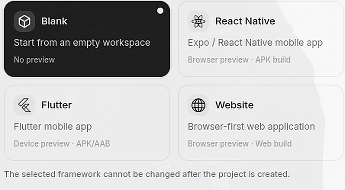Caide Framework Scaffolding: Blank, React Native Expo, Flutter, Next.js Website